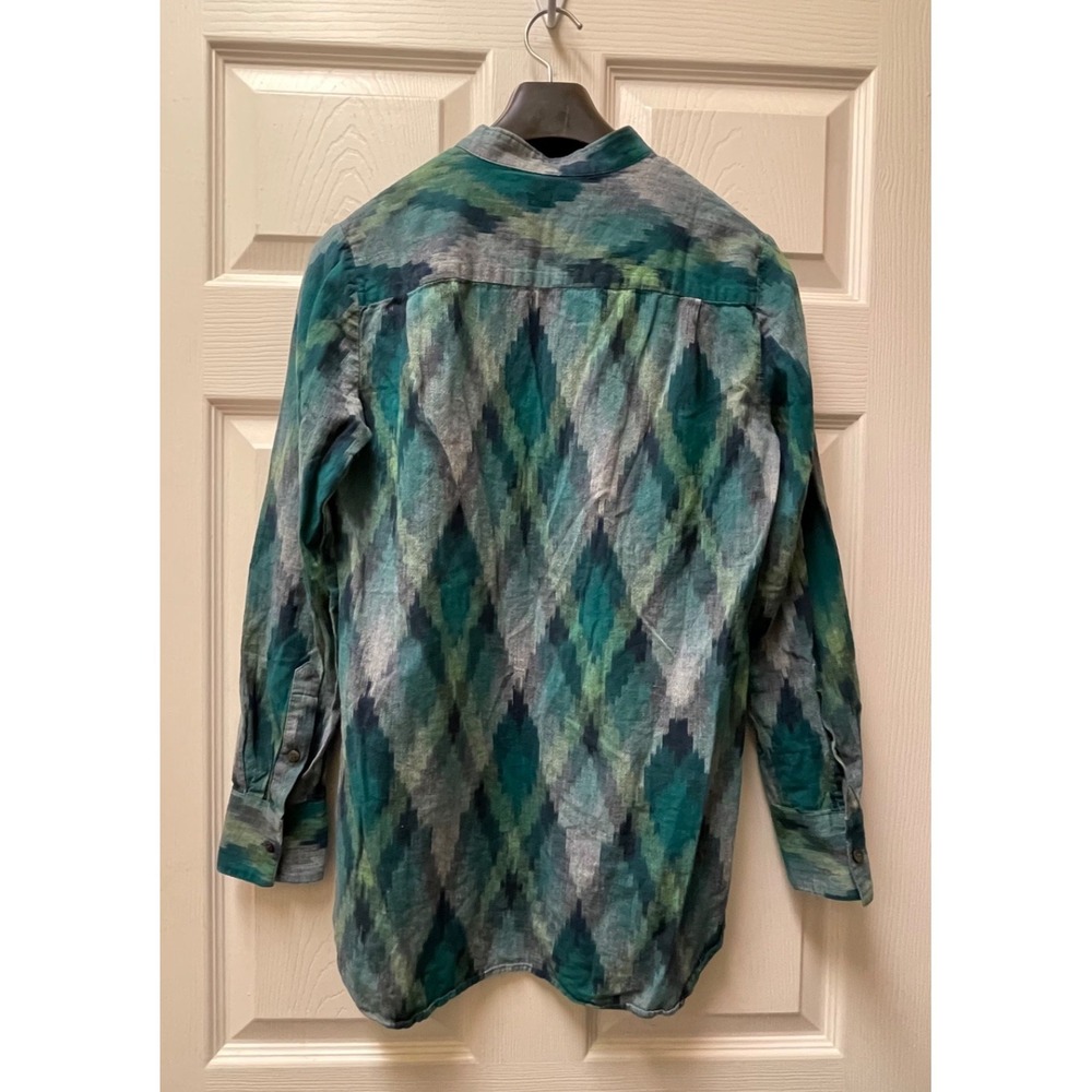 Madewell Women's Small Green Ikat‎ Woven Double Pocket Banded Collar Popover - Picture 7 of 10